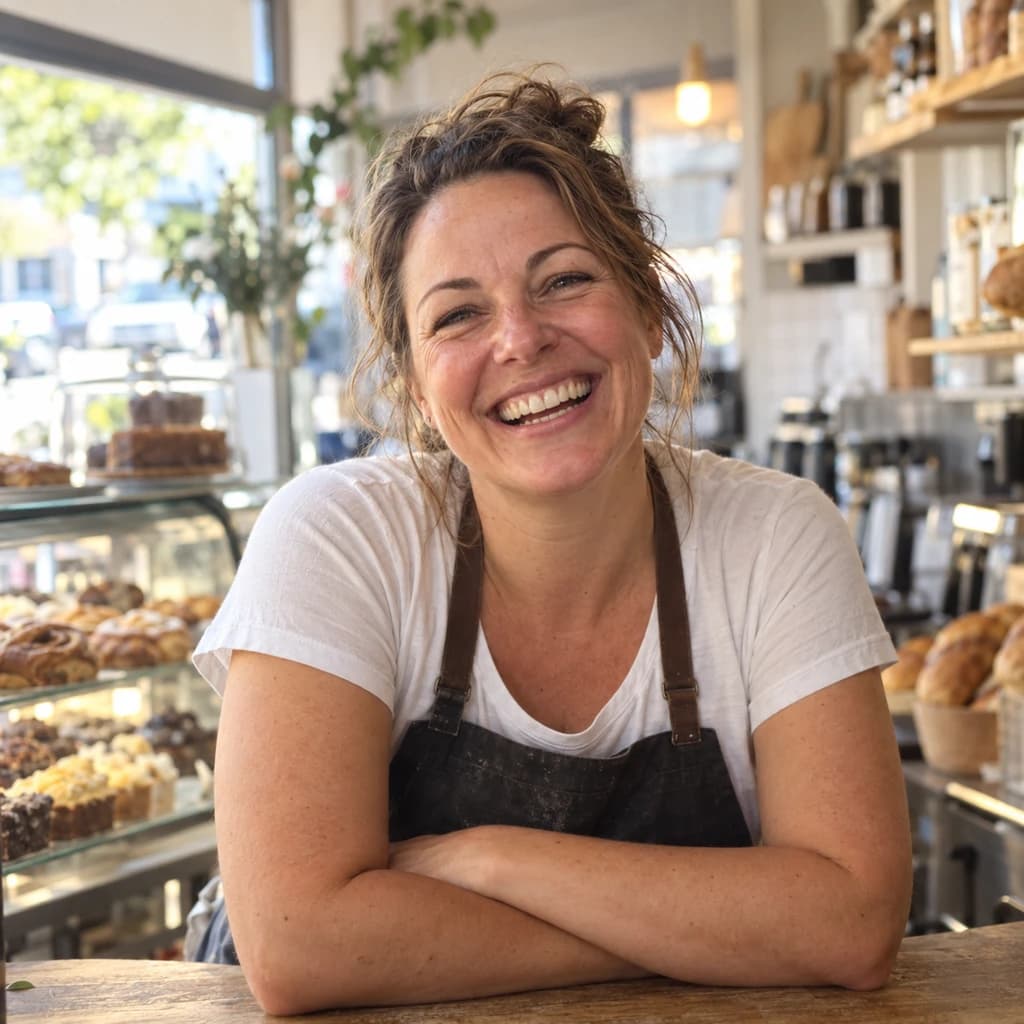 A business owner laughing, phone in hand.