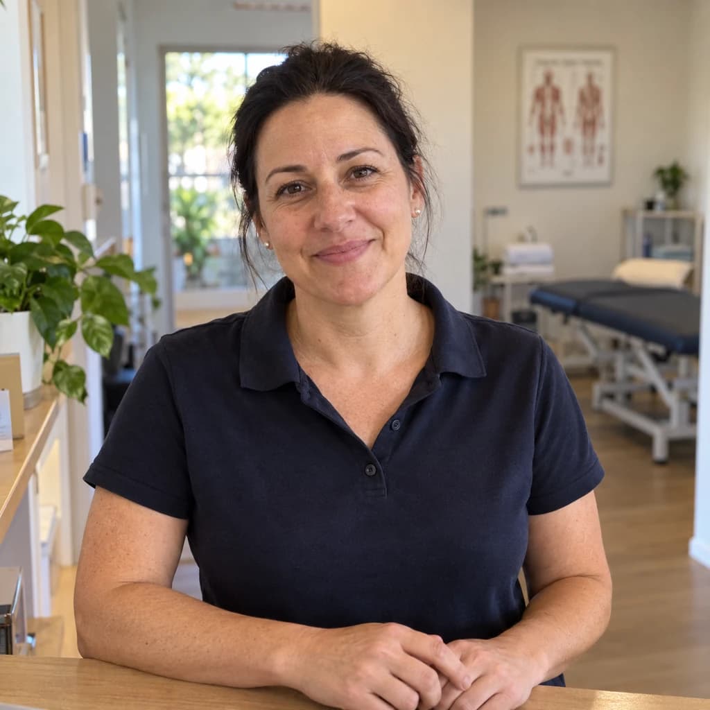 Anna, who runs a physiotherapy clinic, at her reception desk.