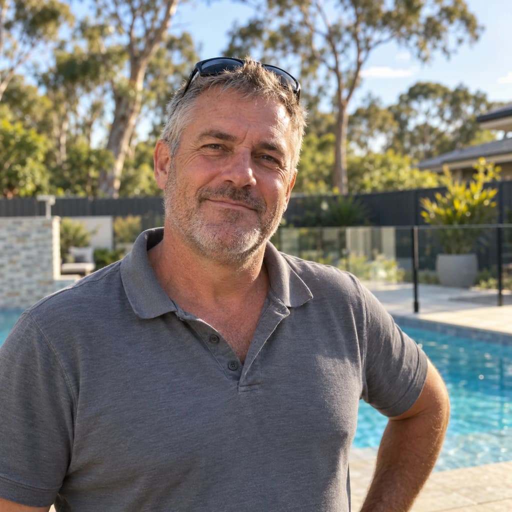 Jim, who runs a pool building company, in front of a new pool.