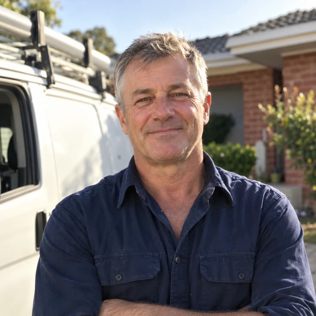Mick, who runs a plumbing business, beside his work van.