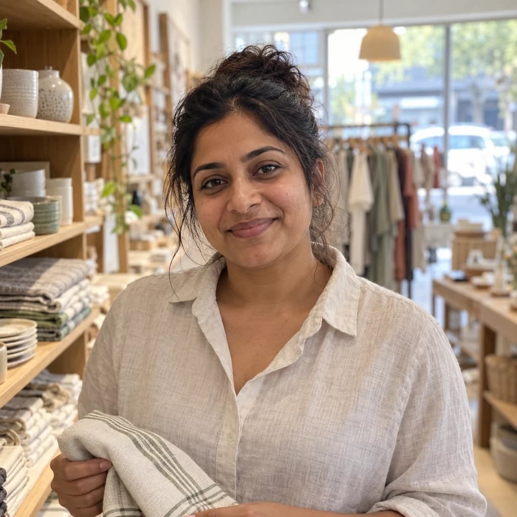 Priya, who runs a homewares boutique, in her shop.