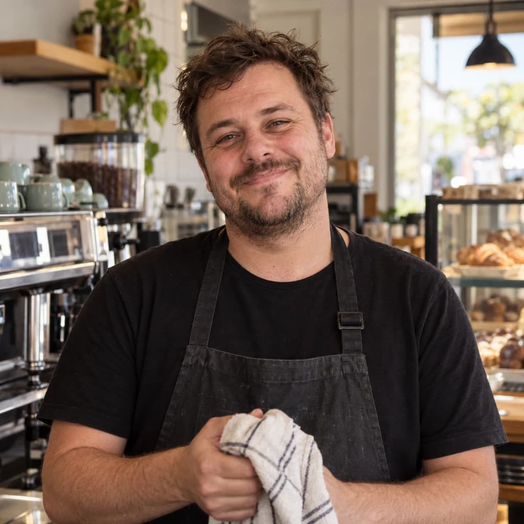 Tom, who runs a cafe, behind his counter.