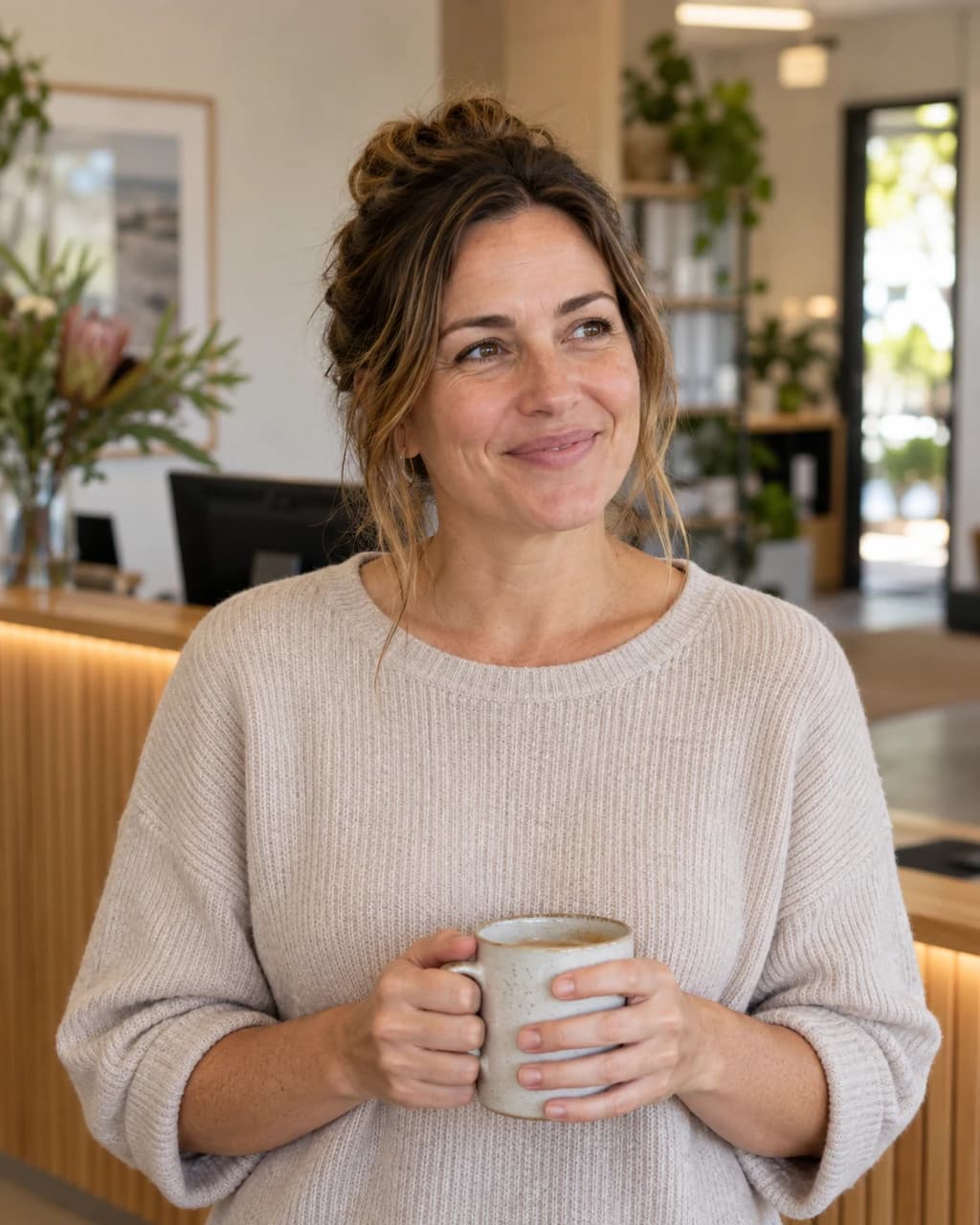 A business owner behind the counter of her shop, holding a coffee.
