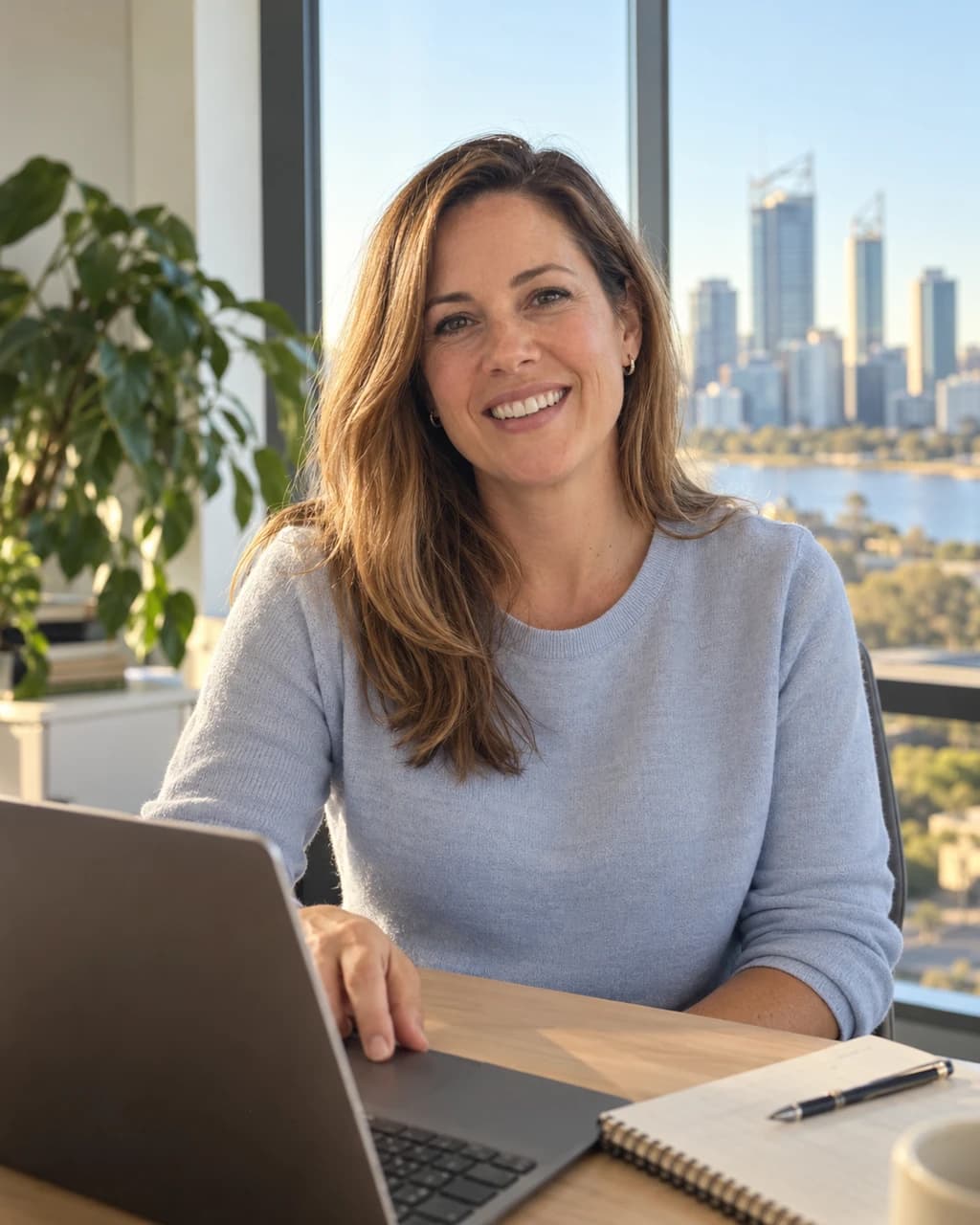 A business owner at her desk in a Perth office, smiling.