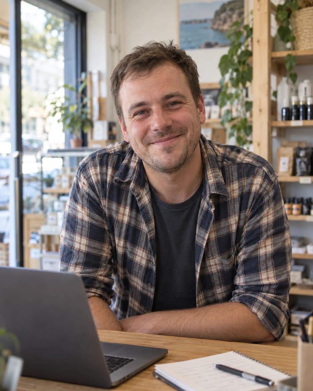 A shop owner leaning on his front counter, grinning.