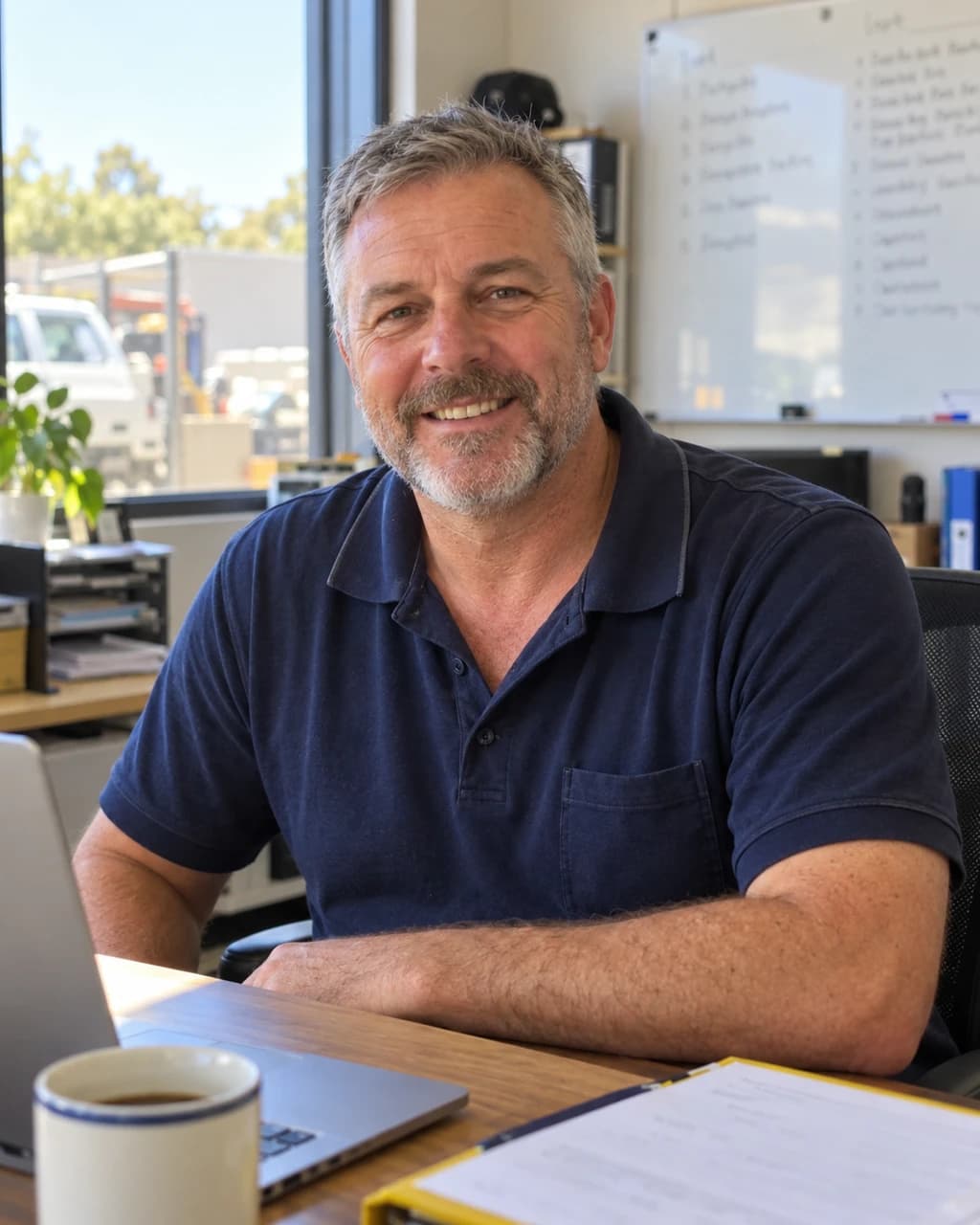 A trades business owner at his office desk, smiling.